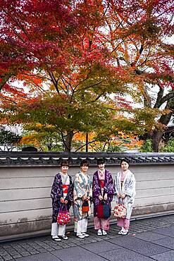 women dressed in kimono, street scene, Gion district, Kyoto, Japan.