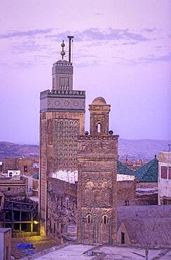 At right minaret of Sidi Lazaze, at left minaret of  Medersa Bou Inania, Medina, UNESCO World Heritage Site, Fez, Morocco, Africa.