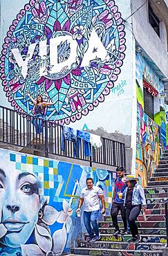 Tourists, Street art, mural, graffiti, Comuna 13, Medellín, Colombia