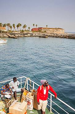 Ferry arriving at Goree Island, in background fort d´Estrees, near Dakar, Senegal, West Africa, Africa