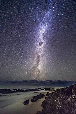 The Dark Emu of aboriginal sky lore rising out of the Tasman Sea, from the south cost of Victoria, Australia. From Cape Conran on the Gippsland Coast.  Carina is just above centre, Crux, the Southern Cross is at centre, and Centaurus is below Crux. The False Cross is at top.