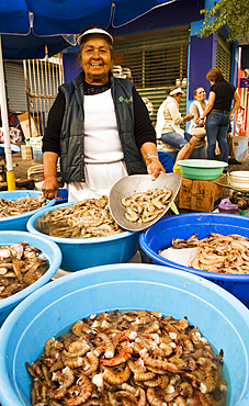 Woman vendor at the shrimp market in old town Mazatlan, Mexico.