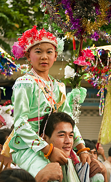 Procession and ceremony for young boys about to become novice monks by the Shan people of Burma at Wat Khun Thwong Buddhist temple in Chiang Mai, Thailand.