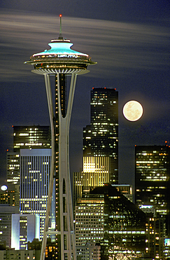 Space Needle and full moon; Seattle, Washington.