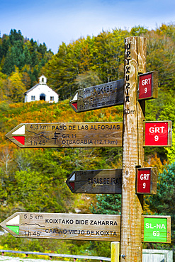 Virgen de las Nieves shrine and route signals. Irati Forest. Navarre, Spain Europe