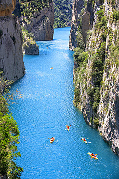 Congost de Mont-Rebei in the Pre-Pyrenees of Lleida, Catalonia. Serra del Montsec, La Noguera, Lleida, Spain

The Montrebei Gorge (in Catalan Congost de Mont-Rebei) is a place that is located between the provinces of Huesca and Lv©rida (Spain), between the regions of Ribagorza and Pallars JussvÜ. It is constituted in the narrowest part by which the Noguera Ribagorzana river, which constitutes the natural border between Aragon and Catalonia, crosses the Montsec mountain range, walls in vertical fall of more than 500 meters and a width at its minimum point of 20 meters . The Catalan part is part of the Noguera Nature Reserve. It is within the Sierra del Montsec Natural Interest Area.