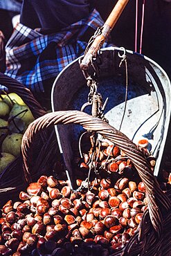 A hand balance scale and lychee nuts for sale in an outdoor farmers market in Mutianyu, China.