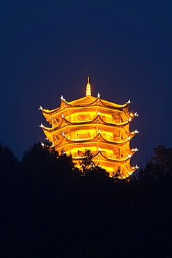 The Bajiaolou Palace on high hilltop overlooks the city of Fenghuang, China.