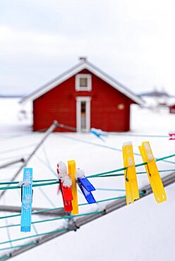 Wood cabins from VisitInari next to Lake Inari, Lapland, Finland