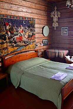 Interior of a traditional Finnish cottage at Kakslauttanen Arctic Resort, Saariselka, Finland