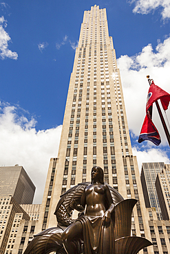 GE Building and The Maiden, one of the Mankind Figures, Rockefeller Center, Manhattan, New York City, New York, USA