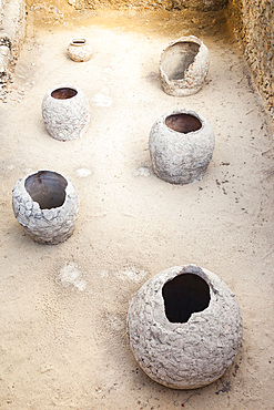 Ancient pots in archaeological site of a Roman bath, beside the National Gardens and Zappeion, Athens, Greece