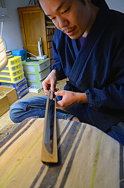 Japanese Sword Scabbard (Koshirae) Maker, Atsuhiro Morii, working at his workshop. Yokohama, Japan