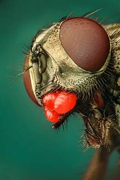 A Musca domestica or house fly showing a severe mite infestion; three mites under the subgenal area and two more between labellum and thorax. Those mites show a bright red colour and finger-print like texture