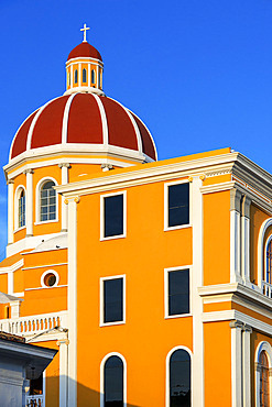 A view of the bright yellow and very colorful Cathedral of Granada in Nicaragua Central America