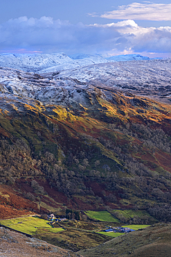 View across Nant Gwynant to the Moelwynion mountains (Moelwyns) in winter, Snowdonia National Park, Eryri, North Wales, United Kingdom, Europe