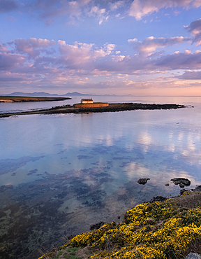 St. Cwyfans Church on the island of Cribinau backed by the Lleyn peninsula at sunset, near Aberffraw, Anglesey, North Wales, United Kingdom, Europe