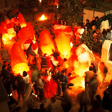 Lighting of the balloons during Easter celebrations, Leonidio, Greece, Europe