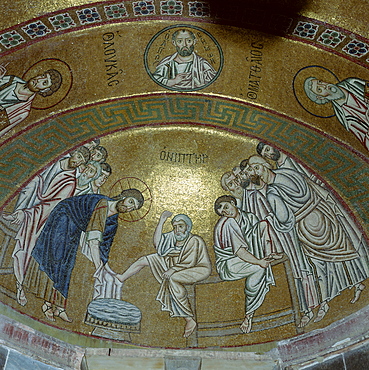 Mosaic showing Jesus Christ washing the feet of Peter, in the Monastery of Hosios Lucas, UNESCO World Heritage Site, Greece, Europe