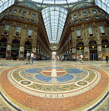 Mosaic floor in the Galleria Vittoria Emanuele, the world's oldest shopping mall, in the city of Milan, Lombardy, Italy, Europe