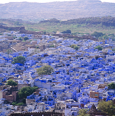 Aerial view from the fort, over the Blue Houses of Jodhpur, built for the Brahmin caste residents, Rajasthan, India 