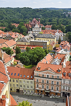 Pilies Street with, in the background, the Church Heritage Museum, St. Anne's Church and the Church of St. Francis and St. Bernard, seen from the tower of St. John's Church, UNESCO World Heritage Site, Vilnius, Lithuania, Europe