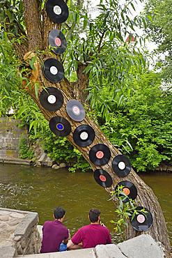 Vilnia River bank and tree decorated with vinyl records, in Uzupis district, Vilnius, Lithuania, Europe