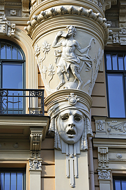 Detail of Art Nouveau building's facade in Albert Street, work of the architect Mikhail Eisenstein, UNESCO World Heritage Site, Riga, Latvia, Baltic region, Europe