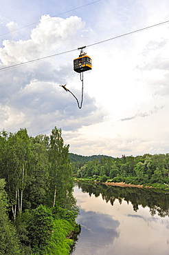 Bungee jumping from the cable car over the Gauja River, around Siguld, Gauja National Park, Vidzeme Region, Latvia, Baltic region, Europe