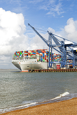 OOCL Zeebrugge container ship at quayside, Port of Felixstowe, Suffolk, England, United Kingdom, Europe