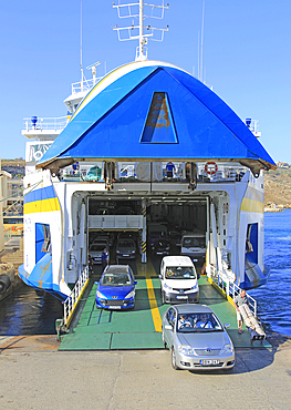 Vehicle ferry disembarkation at port, Gozo Channel Line Ferries, Mgarr ferry terminal, Gozo, Malta, Mediterranean, Europe