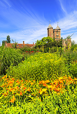 Red brick tower and blue sky, Sissinghurst Castle gardens, Kent, England, United Kingdom, Europe