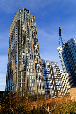 The Lexington building, 35-storey residential development by Moda Group, Princes Dock, Liverpool, England, UK built 2021 Lighthaus building behind