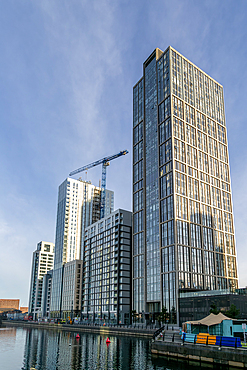 The Lexington building, 35-storey residential development by Moda Group, Princes Dock, Liverpool, England, UK built 2021 Lighthaus building behind