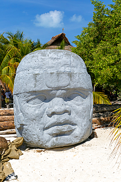 Recreation of historic Olmec colossoal head sculpture, Isla Mujeres, Caribbean Coast, Cancun, Quintana Roo, Mexico, North America