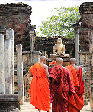 Buddhist monks in front of seated Buddha in Vatadage building, The Quadrangle, ancient city of Polonnaruwa, UNESCO World Heritage Site, Sri Lanka, Asia