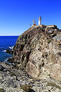 Lighthouse at Cabo de Gata headland, Cabo de Gata Natural Park, Nijar, Almeria, Andalusia, Spain, Europe