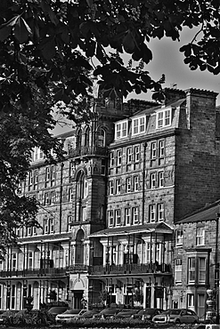 A black and white photograph of a historic multi-story building with ornate architectural details. The building is surrounded by trees and parked cars are visible in front.