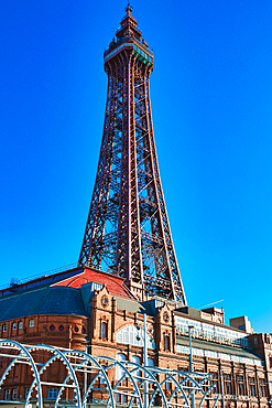 Blackpool Tower against a clear blue sky in Blackpool, England, iconic British seaside landmark in Blackpool, England