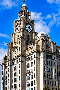 A grand, ornate stone building with two prominent clocks against a bright blue sky with scattered clouds. Architectural details include domes, arches, and balconies in Liverpool, UK.