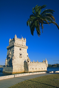 The 16th century Belem Tower (Torre de Belem), designed by Francisco Arruda, by the Tejo River (Tagus River), Lisbon, Portugal, Europe