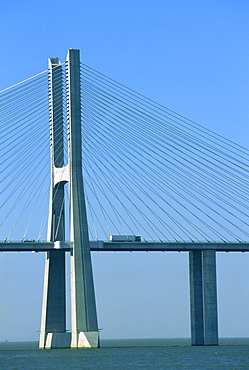 The Vasco da Gama Bridge, Europe's longest, over the Tejo River Estuary, Mer de Paille, in Lisbon, Portugal, Europe