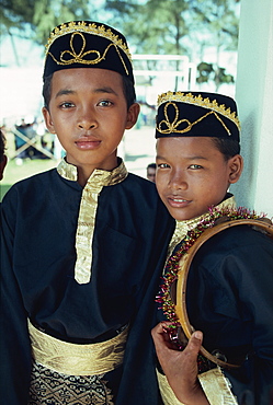 Boys in traditional costume, east coast, Malaysia, Southeast Asia, Asia