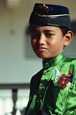 Boy in traditional costume, east coast, Malaysia, Southeast Asia, Asia