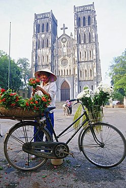 Woman selling flowers off her bicycle, Hanoi, Vietnam, Indochina, Asia