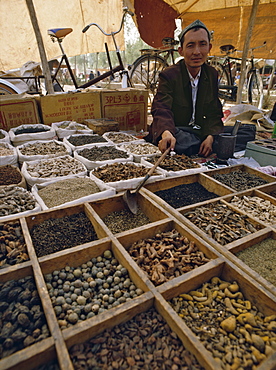 Selling herbal medicines at Kashi (Kashgar) Sunday market, Xinjiang Province, China, Asia