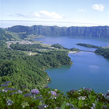 View over crater lake, Sete Citades, San Miguel, Azores islands, Portugal, Atlantic