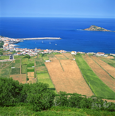 Fields, town and harbour on the island of Graciosa in the Azores, Portugal, Atlantic, Europe