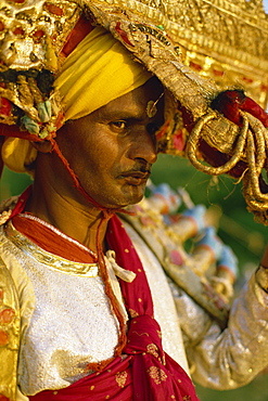 Actor in the Ramlilla stage play interpretation of the Hindu epic, The Ramayana, Ramlilla Festival, Varanasi, Uttar Pradesh state, India, Asia