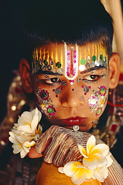 Portrait of a young actor from the Ramlilla, the stage play of the great Hindu Epic the Ramayana, Varanasi (Benares), Uttar Pradesh State, India
